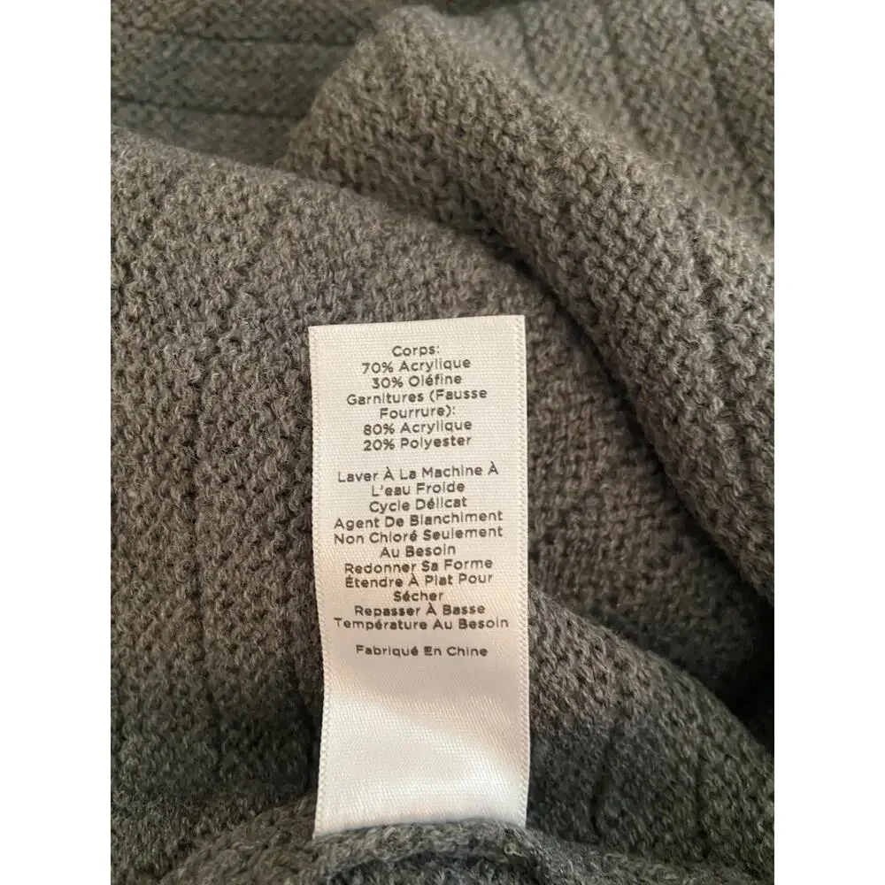 Grey Faux Fur Collar Cable Knit Poncho Cape Sweater